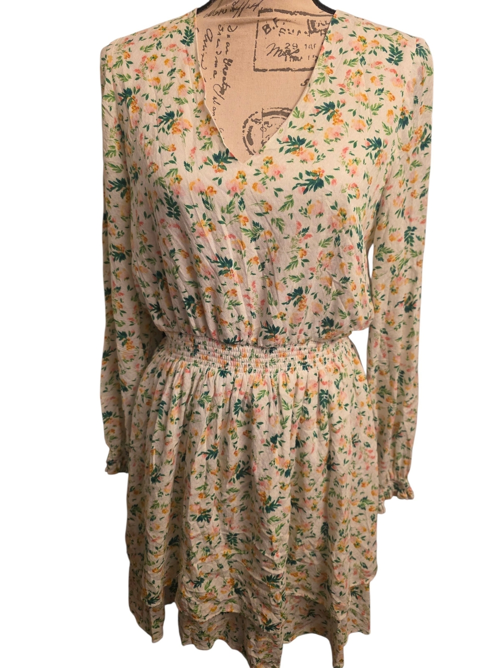 Banana Republic Floral Smocked Waist V-Neck Dress - Cream/Green Medium Euc